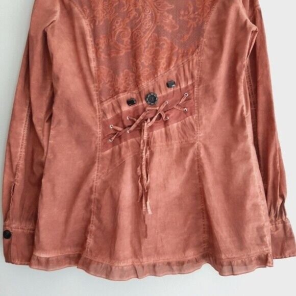 ELISA CAVALETTI Italy Button Down Boho Lace Ruffle Blouse Rust Red Sz M - Picture 8 of 10